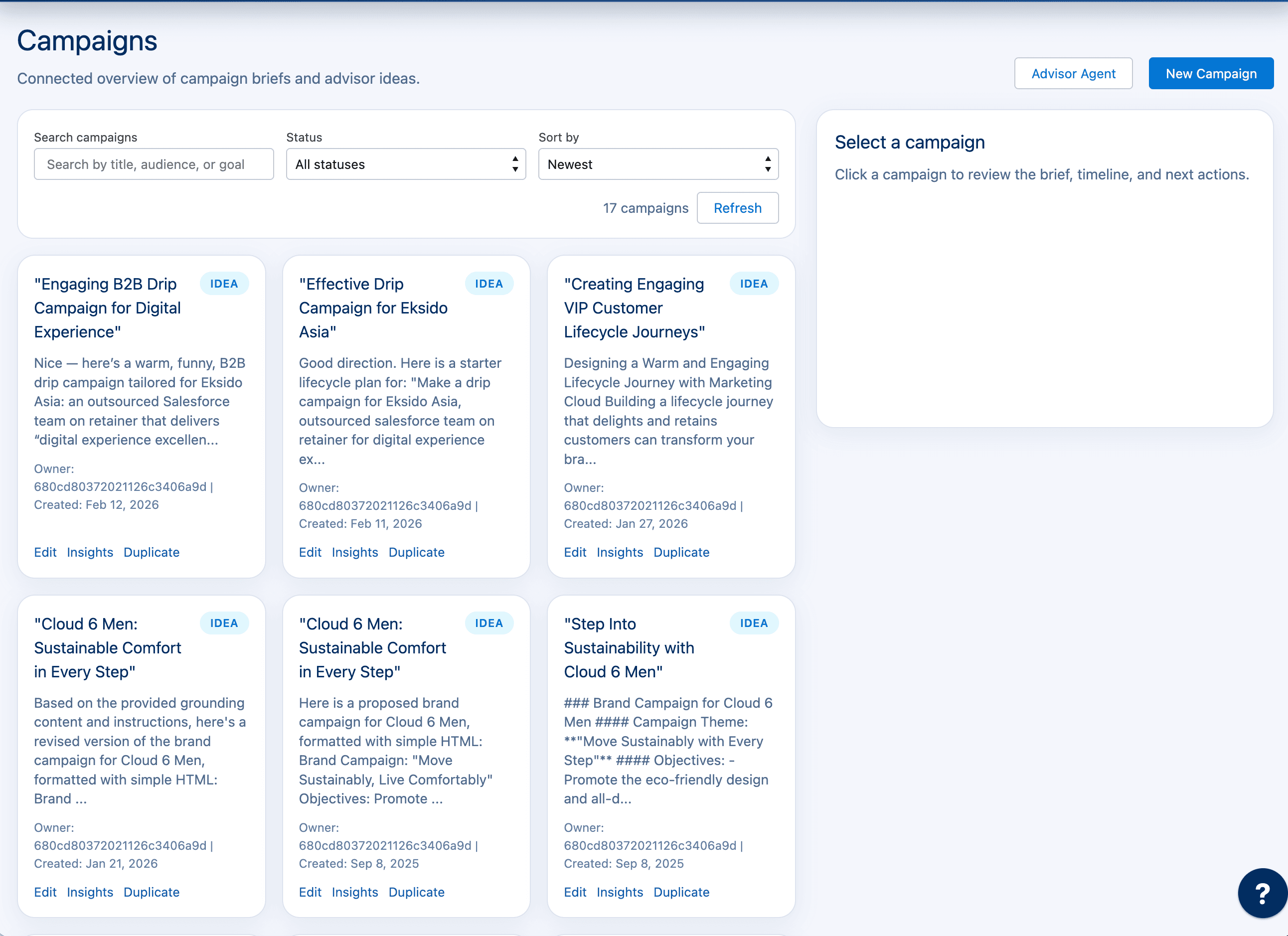 Campaign Builder workspace with saved campaign ideas, briefs, and campaign planning tools