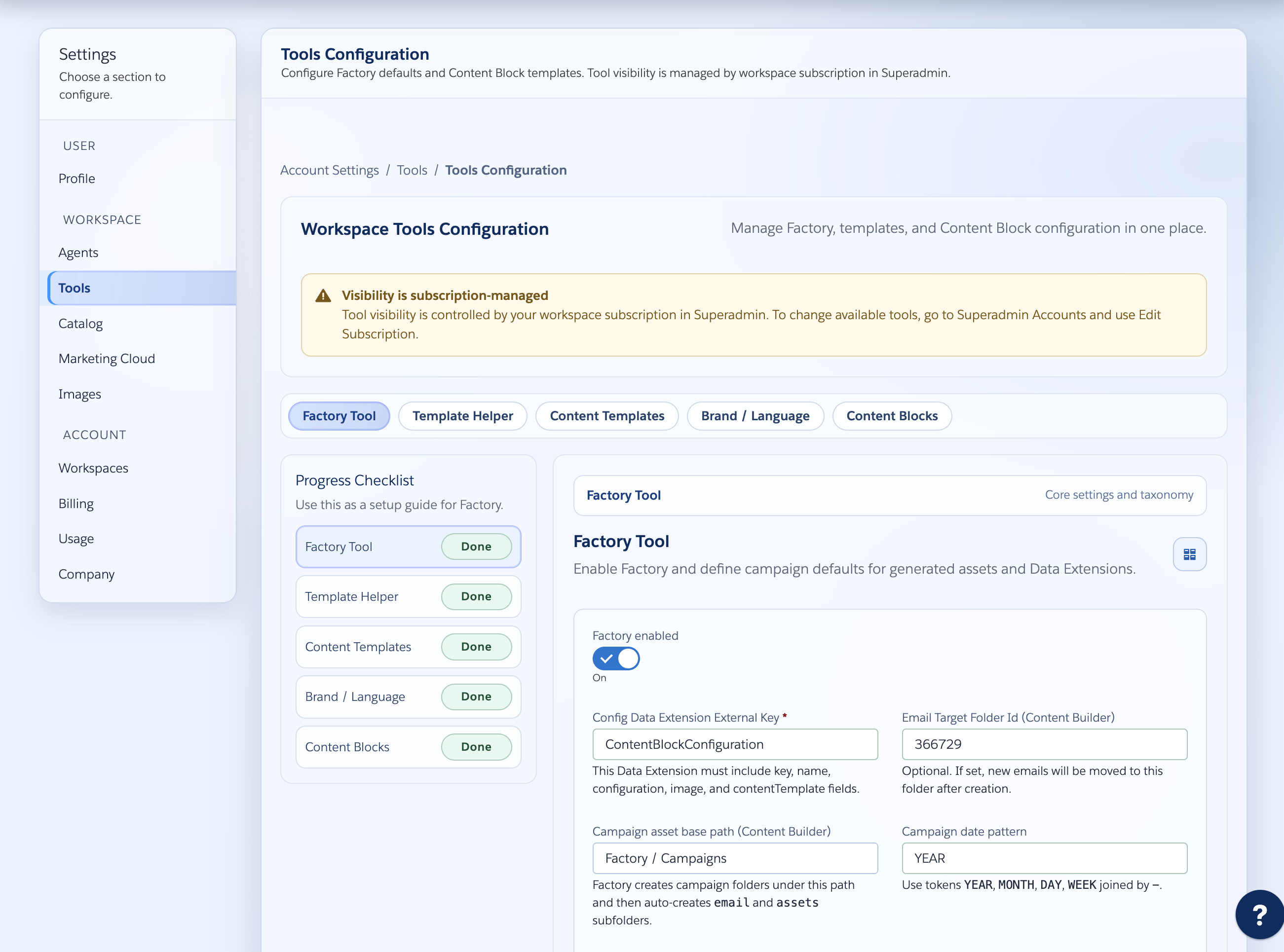 Admin setup screen in Campaign Builder